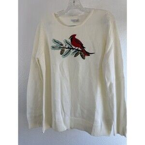 Croft & Barrow Pullover Cardinal Bird Sweater Size Medium Ivory Long Sleeves